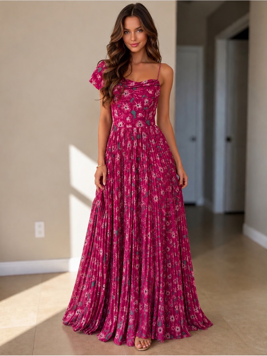 Amur Nwt Raspberry Floral One Shoulder Pleated Maxi Gown Wedding Guest Dress